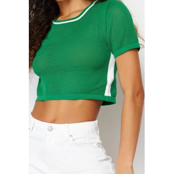 Stil Modern Kadın Crop Standart Kol Bisiklet Yaka Ajurlu Delikli T-Shirt Görünümlü Triko Kazak