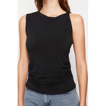 Moda Asimetrik Yaka Örme Slim Düz Desen Casual Günlük Regular Kolsuz Bluz