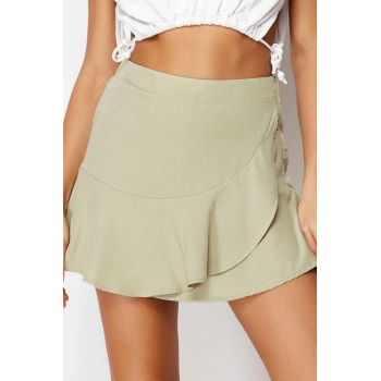 Moda Dokuma Yüksek Bel Boru Paça Gündelik Etek Ucu Fırfırlı Lastikli Keten Görünümlü Şort Etek