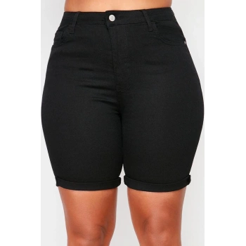 Büyük Beden Moda Denim Yüksek Bel Dar Paça Gündelik Siyah Solmayan Esnek Skinny Şort