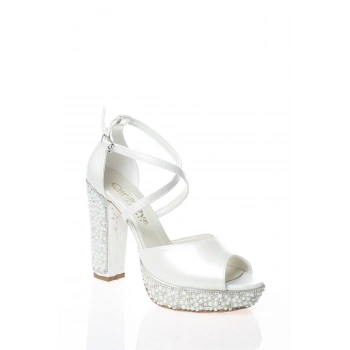 Kadın Moda Şık Sedef Cilt Ökçe Poli İnci Taş Topuklu Düğün Nişan Gece Abiye Ayakkabısı