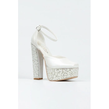 Kadın Moda Şık Cilt Ökçe Poli Inci Taşlı Klasik Köşe Kalıplı Kalın Düğün Nişan Gece Abiye Ayakkabısı