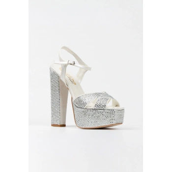 Kadın Moda Şık Gold Ayna Full Taşlı Klasik Köşe Kalıplı Kalın Düğün Nişan Gece Abiye Ayakkabısı