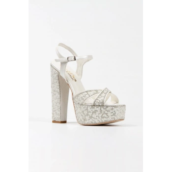 Kadın Moda Platin Ayna Full Inci Taşlı Klasik Köşe Kalıplı Kalın Düğün Nişan Gece Abiye Ayakkabısı