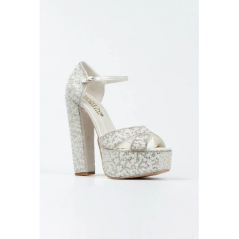 Kadın Moda Gümüş Sultan Full Inci Taşlı Klasik Köşe Kalıplı Kalın Düğün Nişan Gece Abiye Ayakkabısı