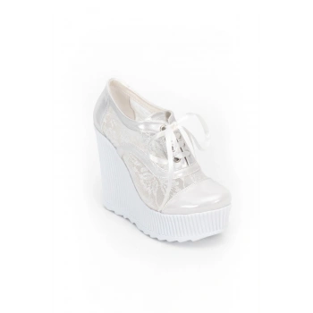 Kadın Moda Şık Beyaz Tül Çınar Dolgu Topuklu Ayakkabı Topuklu Düğün Nişan Gece Abiye Ayakkabısı