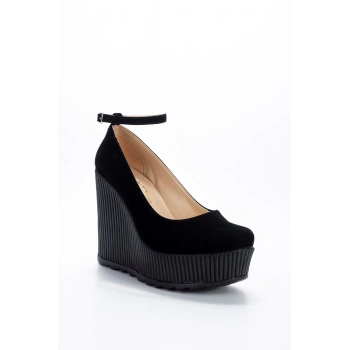 Kadın Moda Şık Siyah Süet Dolgu Topuklu Ayakkabı Topuklu Düğün Nişan Gece Abiye Ayakkabısı