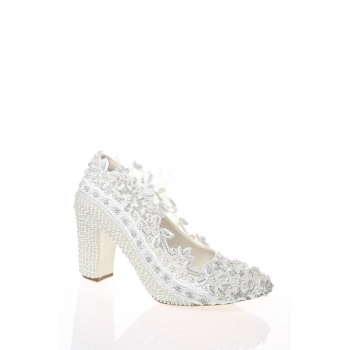 Kadın Moda Şık Sedef Inci Taş Işlemeli Gelin Ayakkabı Topuklu Düğün Nişan Gece Abiye Ayakkabısı