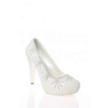 Kadın Moda Şık Sedef İnci Taş İşlemeli Topuklu Zarif Tasarım Düğün Nişan Gece Abiye Ayakkabısı