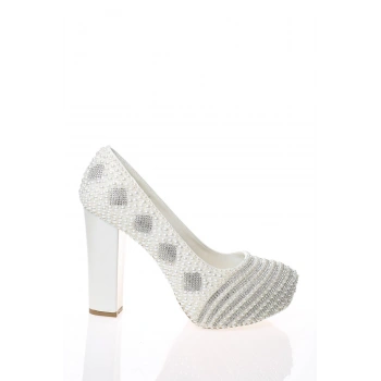 Kadın Moda Şık Sedef Inci Taş Işlemeli Gelin Ayakkabı Topuklu Düğün Nişan Gece Abiye Ayakkabısı