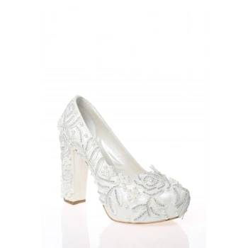 Kadın Moda Beyaz Sedef Inci Taş Işlemeli Gelin Ayakkabı Topuklu Düğün Nişan Gece Abiye Ayakkabısı
