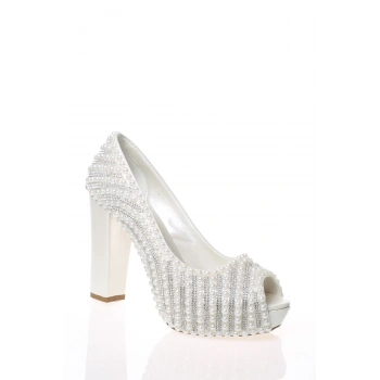 Kadın Moda Beyaz Sedef Inci Taş Işlemeli Gelin Ayakkabı Topuklu Düğün Nişan Gece Abiye Ayakkabısı