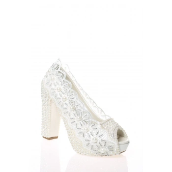 Kadın Moda Beyaz Sedef Inci Taş Işlemeli Gelin Ayakkabı Topuklu Düğün Nişan Gece Abiye Ayakkabısı