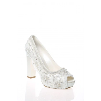 Kadın Moda Şık Sedef Inci Taş Işlemeli Gelin Ayakkabı Topuklu Düğün Nişan Gece Abiye Ayakkabısı