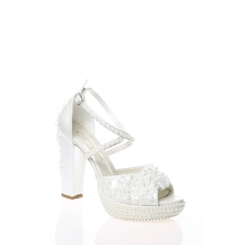 Kadın Moda Şık Sedef İnci Taş İşlemeli Gelin Ayakkabı Topuklu Düğün Nişan Gece Abiye Ayakkabısı