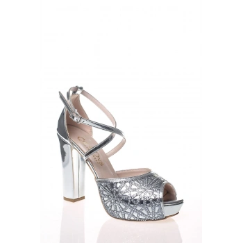 Kadın Moda Şık Gümüş Ayna Kristal Yüz Lazer Topuklu Düğün Nişan Gece Abiye Ayakkabısı