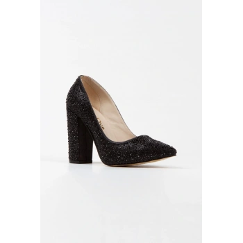 Kadın Moda Şık Gold Sultan Taşlı Klasik Sivri Kalın Düğün Nişan Gece Abiye Ayakkabısı