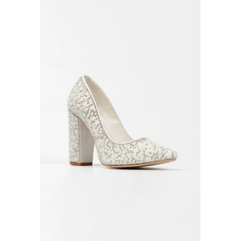 Kadın Moda Şık Rose Sultan Inci Taşlı Klasik Sivri Kalın Düğün Nişan Gece Abiye Ayakkabısı