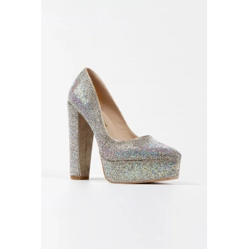 Kadın Moda Şık Gold Sultan Janjan Taşlı Klasik Sivri Kalın Topuklu Düğün Nişan Gece Abiye Ayakkabısı