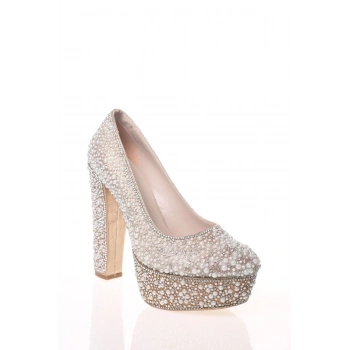 Kadın Moda Şık Gold Sultan Full Inci Taş Topuklu Zarif Tasarım Düğün Nişan Gece Abiye Ayakkabısı