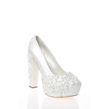 Kadın Moda Beyaz Sedef Inci Taş Işlemeli Gelin Ayakkabı Topuklu Düğün Nişan Gece Abiye Ayakkabısı