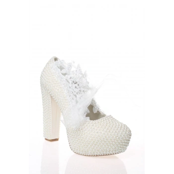 Kadın Moda Şık Sedef Taş İşlemeli Topuklu Zarif Tasarım Düğün Nişan Gece Abiye Ayakkabısı