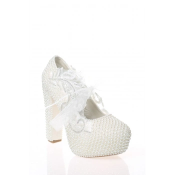 Kadın Moda Beyaz Sedef Inci Taş Işlemeli Gelin Ayakkabı Topuklu Düğün Nişan Gece Abiye Ayakkabısı
