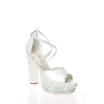 Kadın Moda Şık Sedef İnci Taş İşlemeli Gelin Ayakkabı Topuklu Düğün Nişan Gece Abiye Ayakkabısı