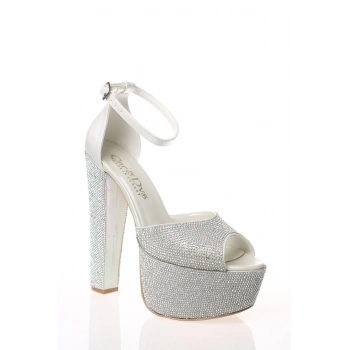 Kadın Moda Şık Sedef Cilt Full Taş Topuklu Zarif Tasarım Düğün Nişan Gece Abiye Ayakkabısı