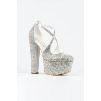 Kadın Sultan Çift Renk Taşlı Klasik Topuklu Platformlu Topuklu Düğün Nişan Gece Abiye Ayakkabısı