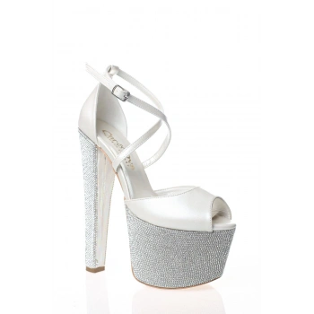 Kadın Moda Şık Gold Ayna Ökçe Poli Taş Yüksek Topuk Topuklu Düğün Nişan Gece Abiye Ayakkabısı