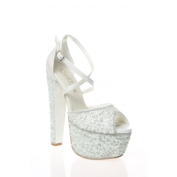 Kadın Moda Şık Sedef Cilt Full Inci Taş Topuklu Zarif Tasarım Düğün Nişan Gece Abiye Ayakkabısı