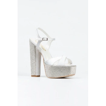 Gümüş Saten Ökçe-Poli Taşlı Klasik Köşe Kalıplı Kalın Topuklu Kadın Abiye Ayakkabı Kadın Topuklu Şık