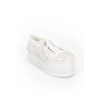 Beyaz Çınar Taşlı Kadın Dolgu Topuklu Ayakkabı Kadın Topuklu Abiye Ayakkabı Şık Gece Ayakkabısı