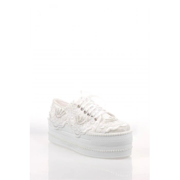 Beyaz Çınar Taşlı Kadın Dolgu Topuklu Ayakkabı Kadın Topuklu Abiye Ayakkabı Şık Gece Ayakkabısı