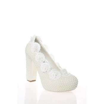 Kadın Beyaz Sedef Inci Taş Işlemeli Gelin Ayakkabı Kadın Topuklu Abiye Ayakkabı Şık Gece Ayakkabısı