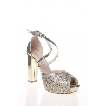 Kadın Gold Ayna Daire Lazer Abiye Ayakkabı Kadın Topuklu Şık Gece Ayakkabısı Zarif Tasarım