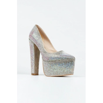 Gold Full Janjan Taşlı Klasik Sivri Kalın Topuklu Sivri Platformlu Kadın Abiye Ayakkabı Şık