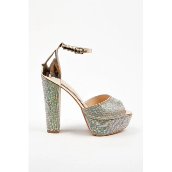 Gold Ayna Full Taş Topuklu Kadın Abiye Ayakkabı Kadın Topuklu Şık Gece Ayakkabısı Yüksek Topuk