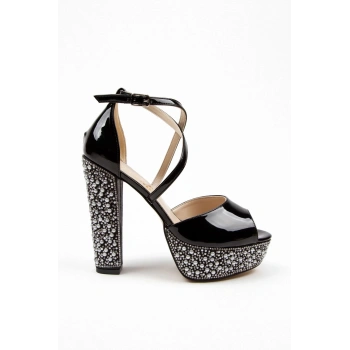 Siyah Rugan Ökçe Poli Inci Topuklu Kadın Abiye Ayakkabı Kadın Topuklu Şık Gece Ayakkabısı