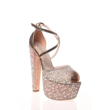 Kadın Gold Ayna Full Inci Taş Kadın Abiye Ayakkabı Kadın Topuklu Şık Gece Ayakkabısı