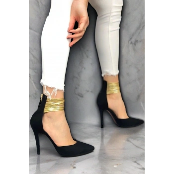 Kadın Bilekten Altın Halka Detaylı Topuklu Ayakkabı Sivri Burun Şık Model