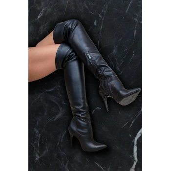 Kadın Diz Üstü Deri Detaylı Stiletto Çizme Sivri Burun İnce Topuk Model