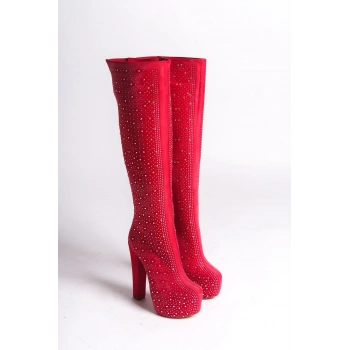 Kadın Moda Komple Taş Detay Yüksek Topuklu Çizme Şık ve Zarif Abiye Ayakkabı