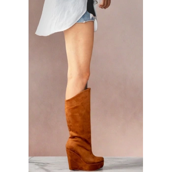 Kadın Moda Dolgu Topuk Diz Altı Çizme Şık ve Zarif Abiye Ayakkabı