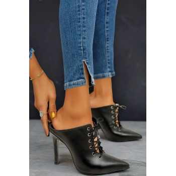 Kadın Moda Bağcıklı Sivri Burun İnce Topuklu Terlik Şık ve Zarif Abiye Ayakkabı