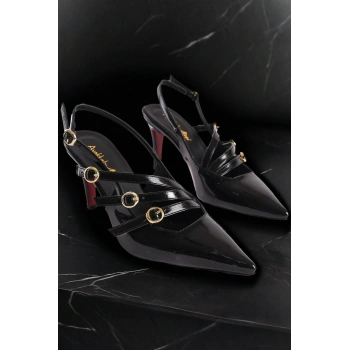 Kadın Moda Üç Bant Tokalı Kısa Topuklu Ayakkabı Şık ve Zarif Abiye Ayakkabı