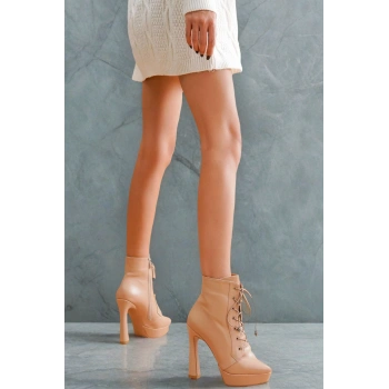 Kadın Moda Yüksek Topuk Bağcıklı Bot Şık ve Zarif Abiye Ayakkabı