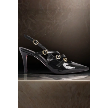 Stil Modern Kadın Üç Bant Tokalı Kısa Topuklu Ayakkabı Özel Tasarım Gündüz Gece Abiye Ayakkabı