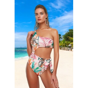 Desenli Tek Omuz Mayo Su Sporu Kıyafeti Klora Dayanıklı Plaj Mayosu Banyo